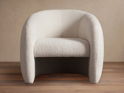 Fresno Floating Seat Chair, modern rounded barrel chair in light beige textured boucle fabric, with a floating seat design.