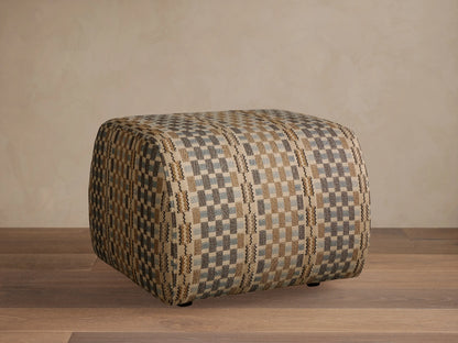 Front view of a square Fresno Ottoman with a woven geometric pattern in beige, white, and dark brown.