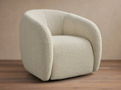 Front view of the cream boucle Fresno Swivel Glider with a curved back and arms.