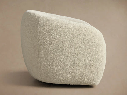 Side profile of a cream bouclé Fresno Swivel Glider, showcasing its rounded, contemporary design.