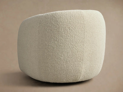 Front view of a cream boucle Fresno Swivel Glider, featuring curved arms and a deep, rounded back.