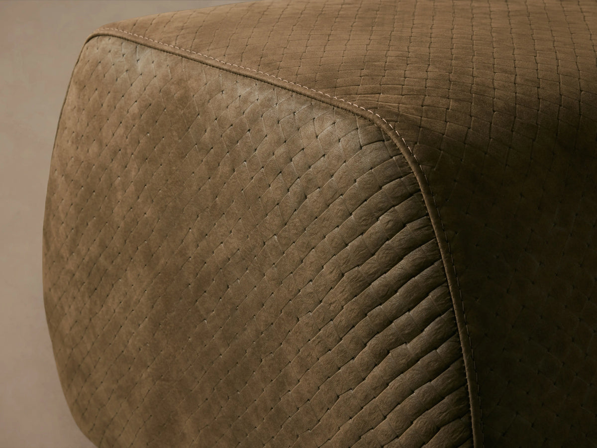 Front view of a Dark Olive Fresno Leather Ottoman with rounded edges and a subtle quilted pattern.