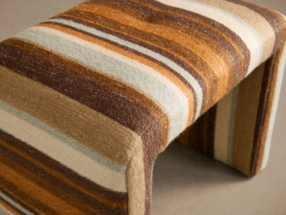 Top view of a rectangular Ryan Petite Ottoman featuring brown, warm tan, cream, and pale blue vertical striped fabric.