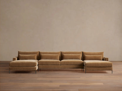 Sumner Three-Piece Double Chaise Sectional in light brown fabric, featuring a modern design with five cushions and slim metal legs.