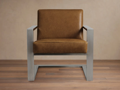 Front view of the brown Sabina Leather Chair, with rich brown leather cushions and a brushed silver-toned steel frame.