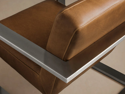 Front view of the brown leather Sabina Leather Chair with a square back and seat, supported by a brushed silver metal frame.