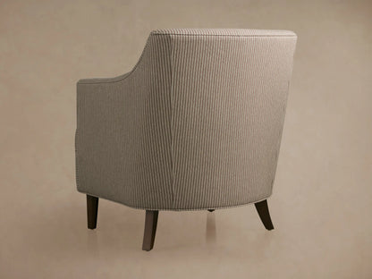 Close-up of Savannah Chair's seat & armrest, upholstered in light beige fabric with thin reddish-brown pinstripes.