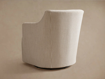Close-up of Savannah Swivel Chair, upholstered in light beige and tan striped fabric, showing back, arm, and seat.