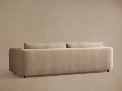 Front view of a light beige textured Stiles Sofa, featuring rounded arms, two seat cushions, and two back cushions.