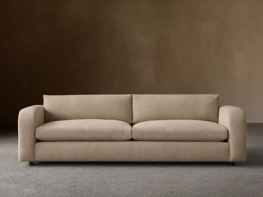 Front view of the beige Stiles Sofa featuring two seat cushions, two back cushions, and rounded arms.