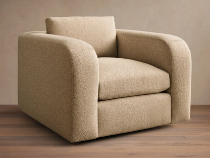 Front view of a beige Stiles Swivel Chair with rounded arms, a loose back cushion, and textured upholstery.