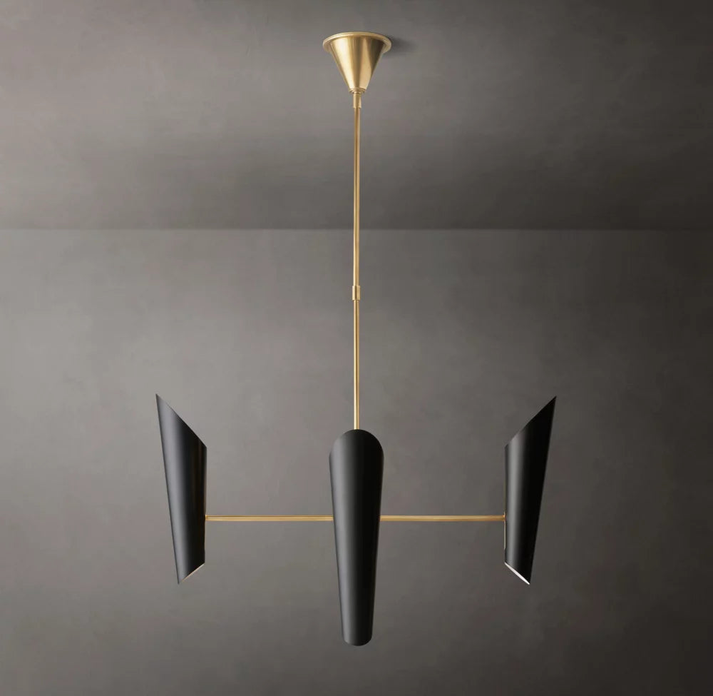 Sculptural Black Shade Brass Chandelier