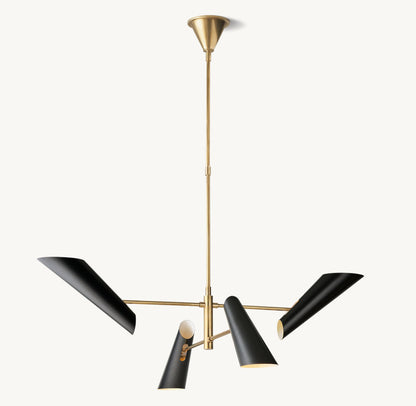 Sculptural Black Shade Brass Chandelier