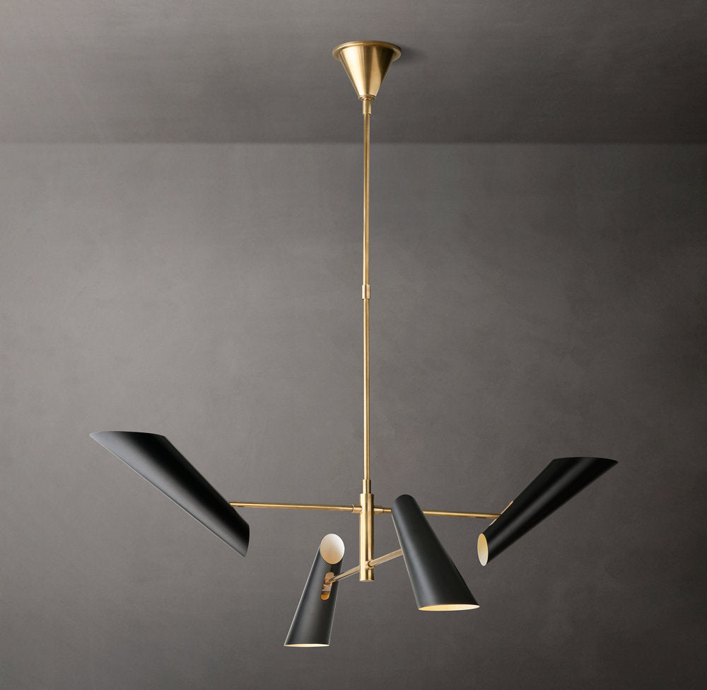 Sculptural Black Shade Brass Chandelier
