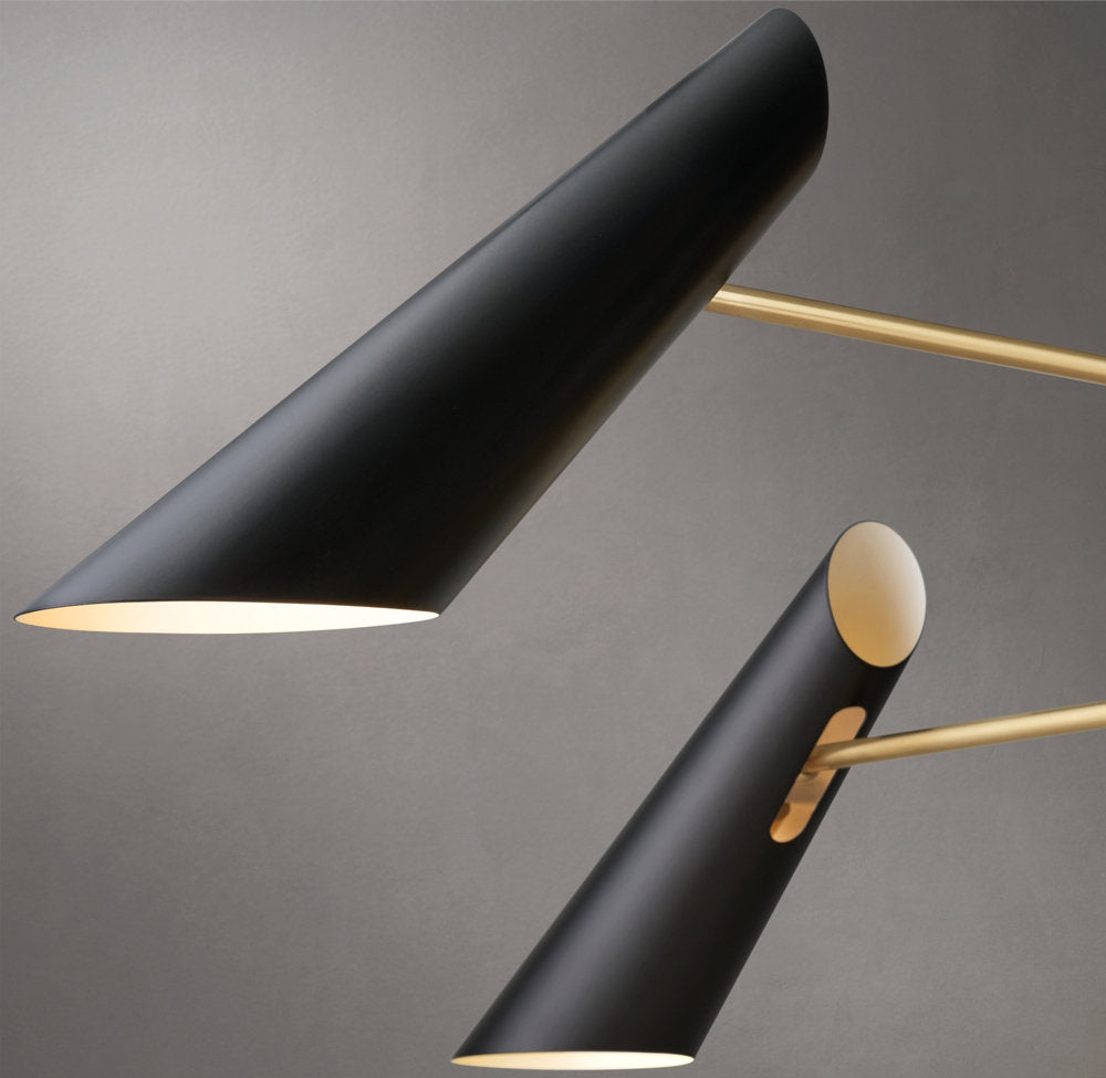Sculptural Black Shade Brass Chandelier