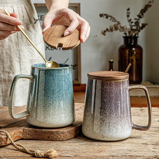 Streamer Glaze Artisan Ceramic Mug with Lid & Spoon